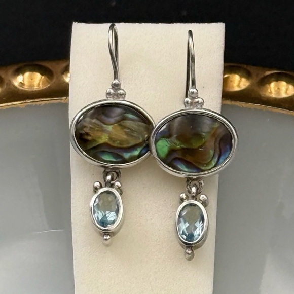Source Unknown Jewelry - Sterling Silver 925 Abalone Blue Topaz Dangle Earrings French Wire 1.25" L